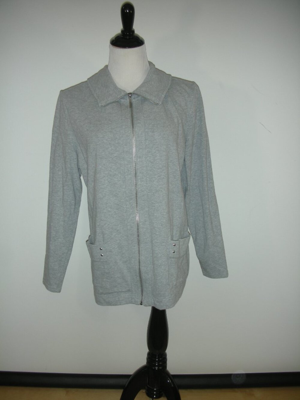 Karen Scott Gray Zip Front Jacket L Cotton Stretch Collared Casual